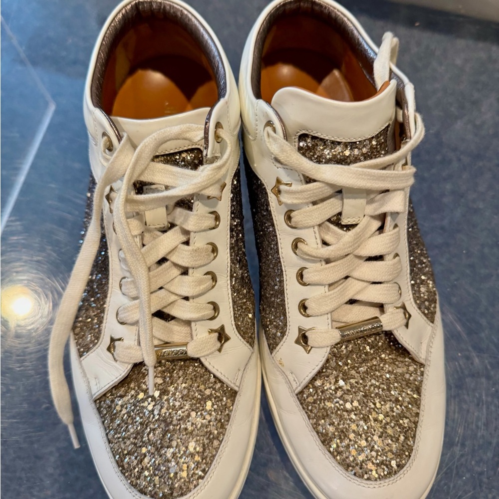 Jimmy Choo White and Silver Glitter Sneakers